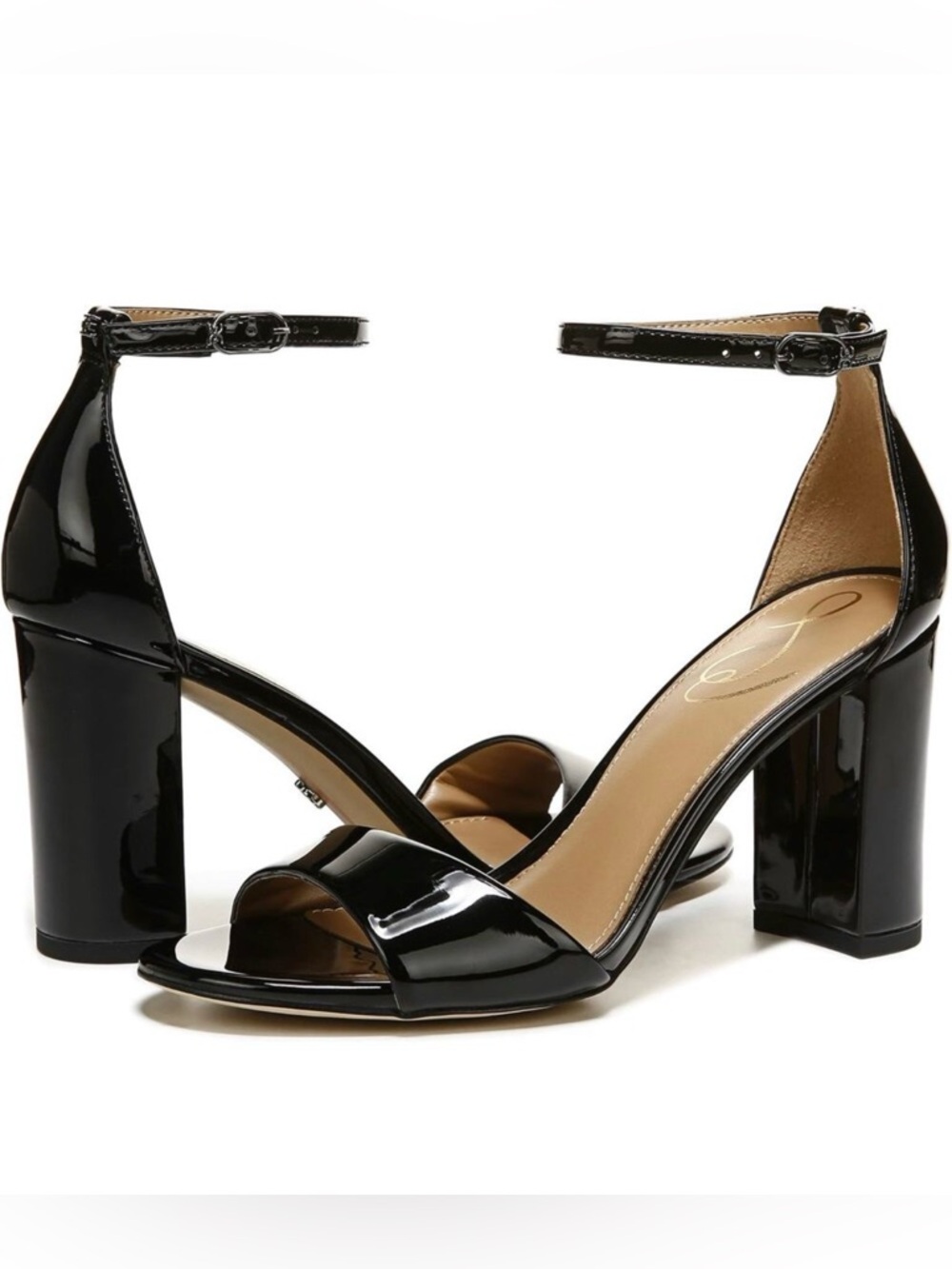 NEW Sam Edelman Robyn Black Patent Block Heel Sandals Ankle Strap Size 8.5